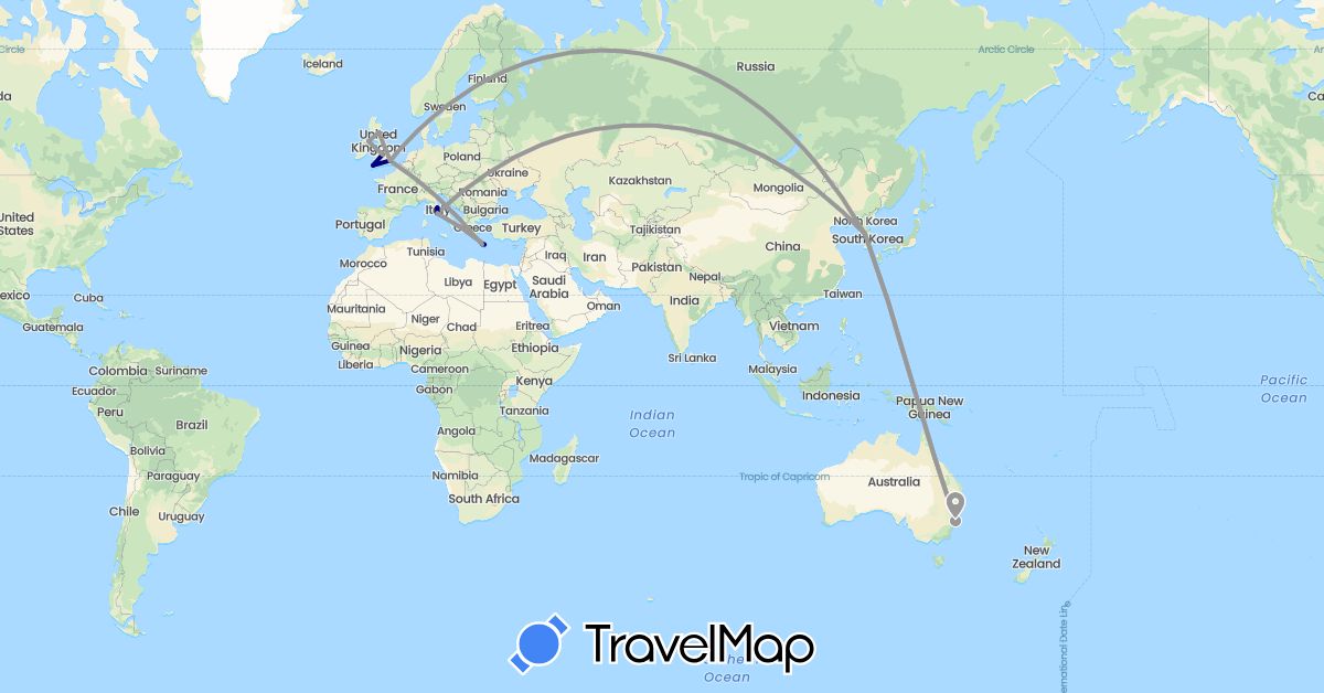 TravelMap itinerary: driving, plane in Australia, United Kingdom, Greece, Italy, South Korea (Asia, Europe, Oceania)